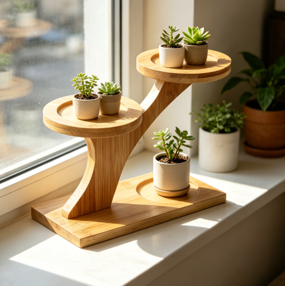 Solid Wood Multi-Tier Corner Desk Plant Shelf