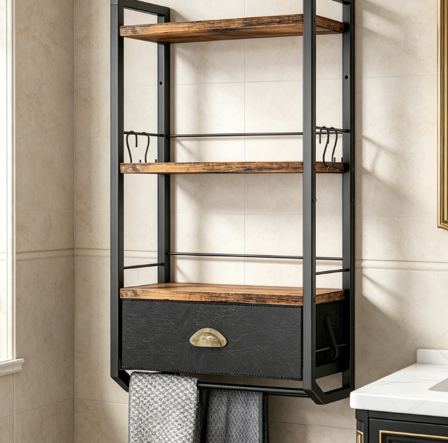 3-Tier Towel Rack with Drawer, Wall-Mounted Bathroom Storage Organizer - Image 2