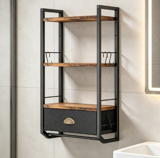 3-Tier Towel Rack with Drawer, Wall-Mounted Bathroom Storage Organizer