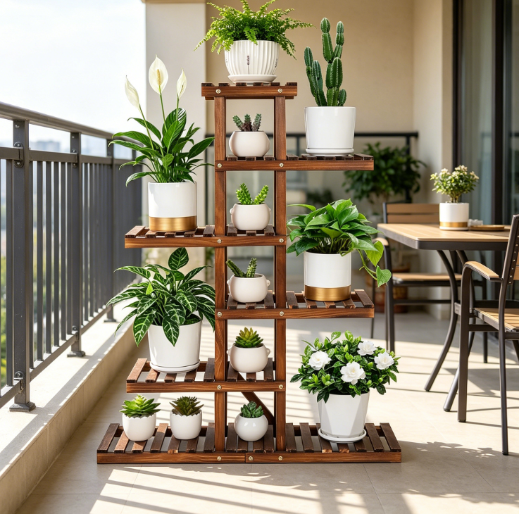 Narrow 6-Tier Rustic Wood Corner Plant Stand - Image 2