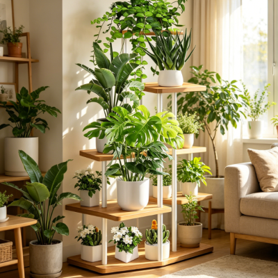 5-Tier Wooden Flower Plant Shelf White