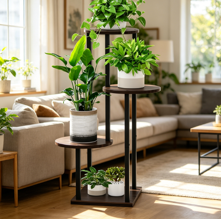 4-Tier Wood & Metal Multi-Layer Plant Stand Black