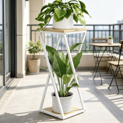 Tall Wood & Metal Corner Multi-Tier Plant Stand