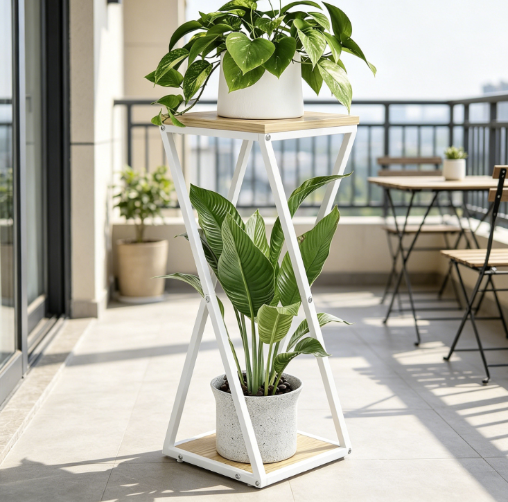 Tall Wood & Metal Corner Multi-Tier Plant Stand