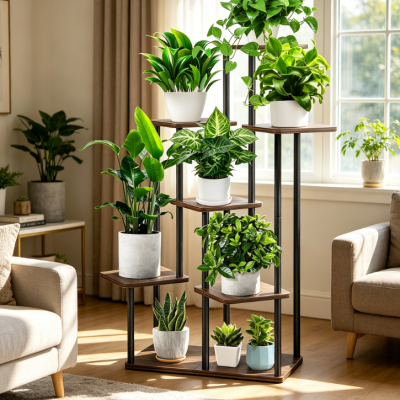 7-Tier Wooden Multi-Layer Plant Shelf Black Oak
