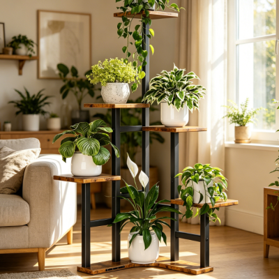 6-Tier Rustic Wood Corner Plant Organiser Rack