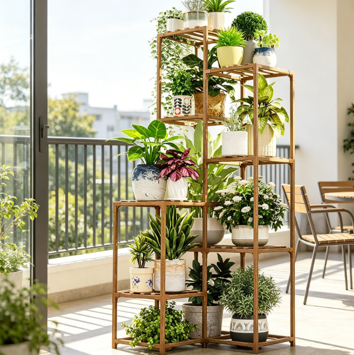 Tall Corner Solid Wood Plant Display Shelf - Image 2