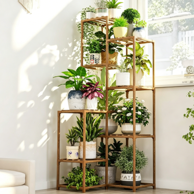 Tall Corner Solid Wood Plant Display Shelf