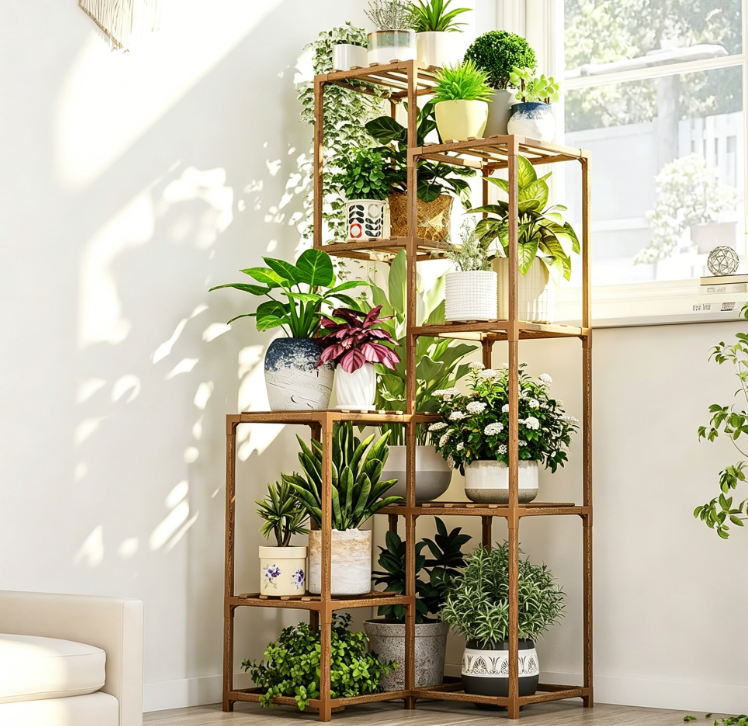Tall Corner Solid Wood Plant Display Shelf
