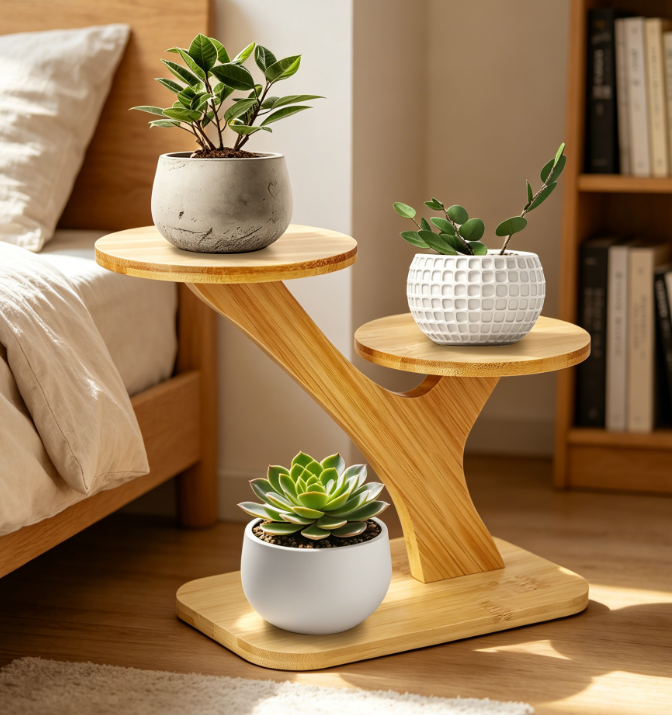 3-Tier Bamboo Windowsill Succulent Shelf with Saucers - Image 2