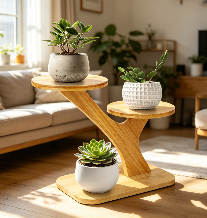 3-Tier Bamboo Windowsill Succulent Shelf with Saucers