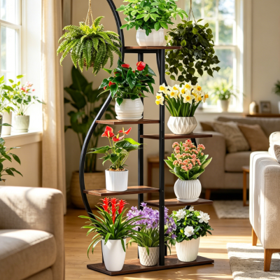6-Tier Wood & Metal Space-Saving Plant Stairs