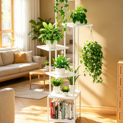 6-Tier White Metal Multi-Layer Plant Shelf with Grow Light