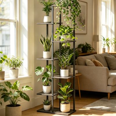 7-Tier Metal & Wood Corner Plant Display Shelf