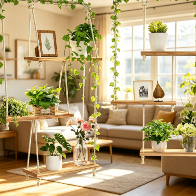 3-Tier Hanging Wood Boho Window Plant Shelf