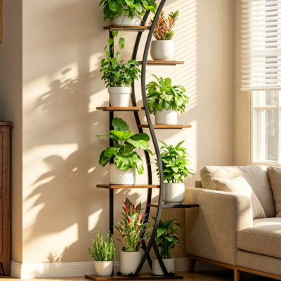 7-Tier Tall Metal & Wood Corner Plant Shelf with Grow Lights