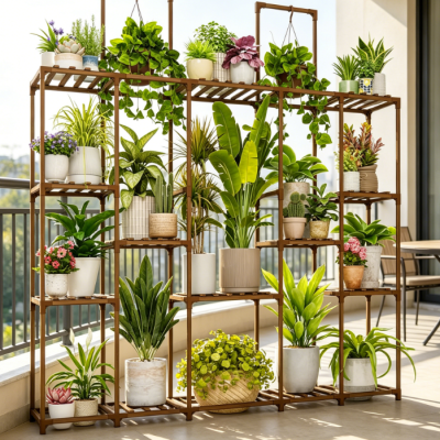 Large Wood Multi-Tier Hanging Plant Display Rack