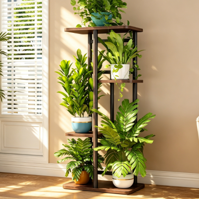 4-Tier Wood & Metal Flower Plant Shelf Black