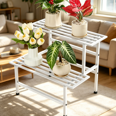 2-Tier Heavy-Duty Metal Ladder Plant Stand White