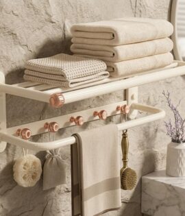 Double Towel Rack, Wall-Mounted Bathroom Storage Shelf with 5 Hooks and Folding Design