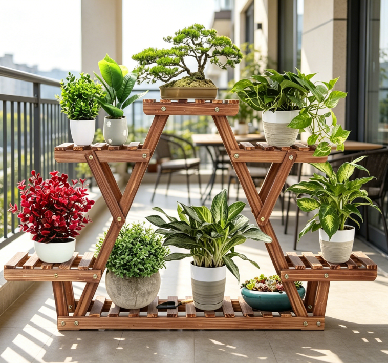 Triangular Solid Wood 6-Pot Plant Display Rack - Image 2