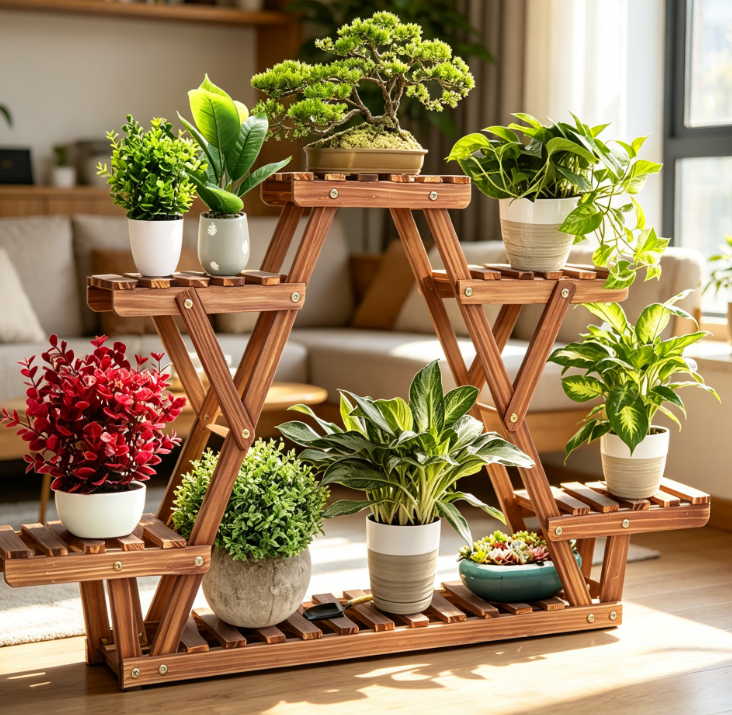 Triangular Solid Wood 6-Pot Plant Display Rack