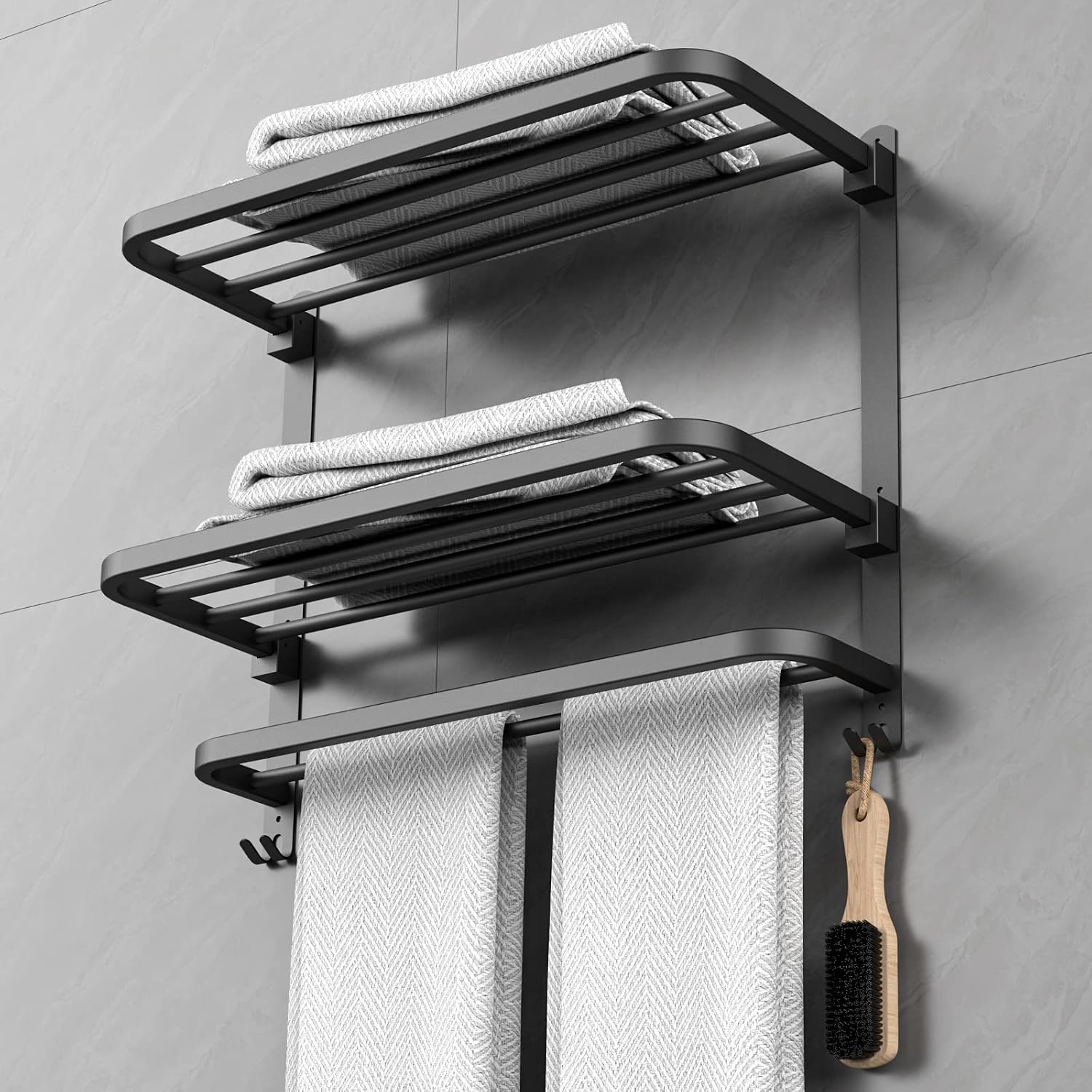No-Drill Folding Towel Rack, Wall-Mounted Bathroom Towel Storage Organizer